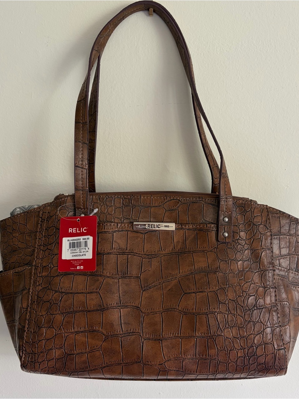 Relic Chocolate Brown Croc-Embossed Shoulder Tote workwear. Minimalist,old money